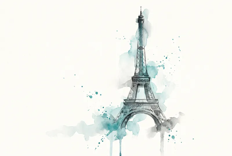 Aquarelle originale de la tour Eiffel, encre anthracite et lavis turquoise